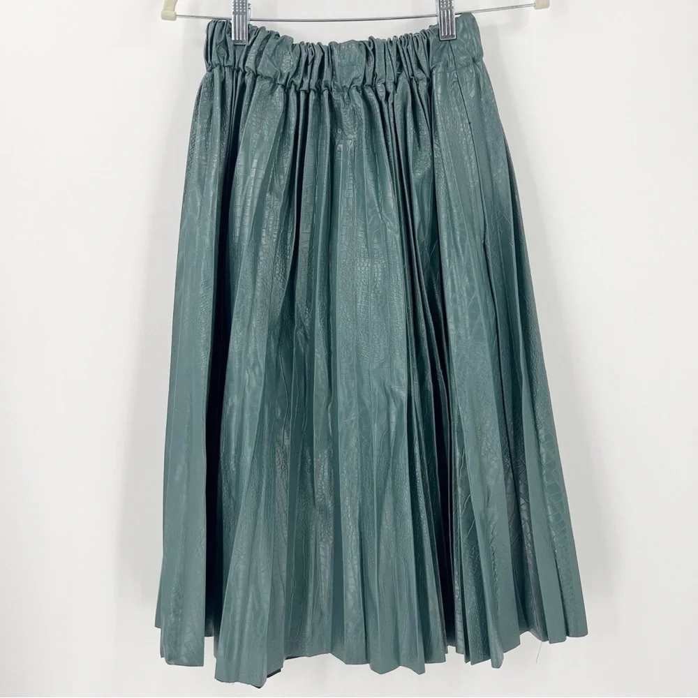 NWT Buru Faux Croc Pleated A-Line Skirt with Pockets XS/S Teal Spring Party
